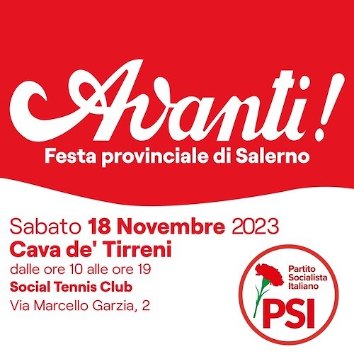 A Cava de’ Tirreni sabato 18 novembre la Festa Provinciale dell’Avanti!