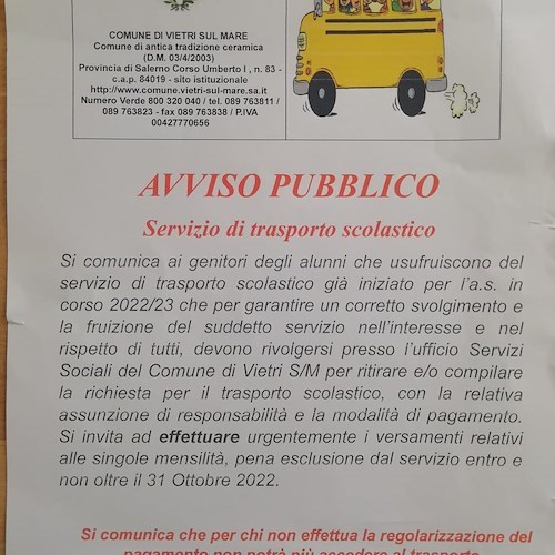 A Vietri sul Mare «pagamento scuolabus entro fine mese pena esclusione». Comitato Civico Dragonea: «Diritto allo studio mercificato e deriso»