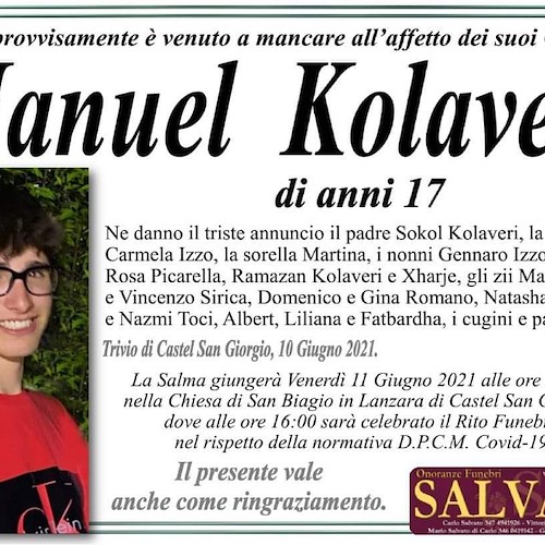 Castel San Giorgio: oggi i funerali di Manuel, il 17enne deceduto nell'incidente tra Cava e Nocera 