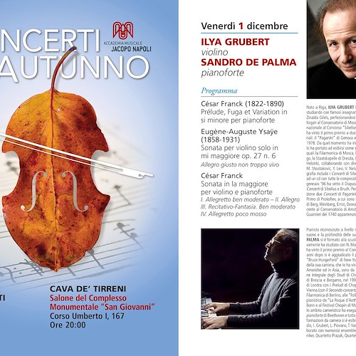 Cava de' Tirreni, 1 dicembre i “Concerti d’autunno” proseguono con Ilya Grubert e Sandro De Palma