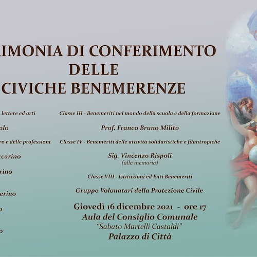 Cava de' Tirreni: 16 dicembre conferimento delle Civiche Benemerenze 