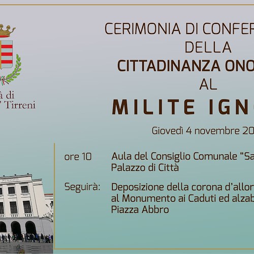 Cava de' Tirreni: 4 novembre cittadinanza onoraria al Milite Ignoto 
