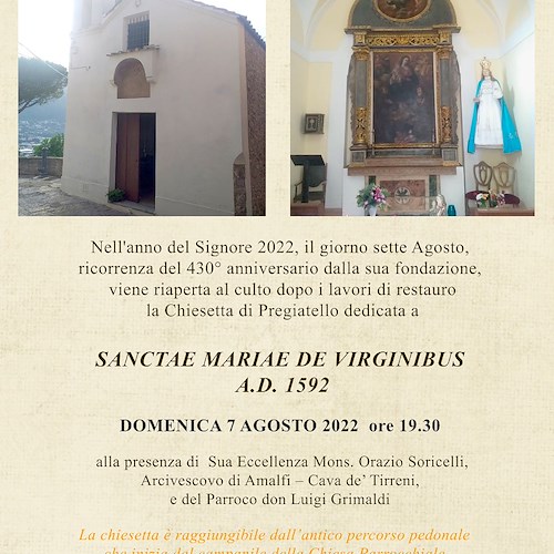 Cava de' Tirreni, 7 agosto si festeggia il restauro della chiesetta di Pregiatello