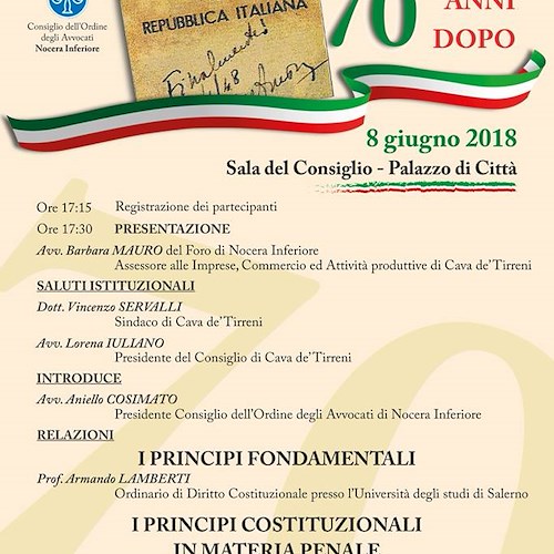 Cava de' Tirreni, 8 giugno convegno su "La Costituzione 70 anni dopo"