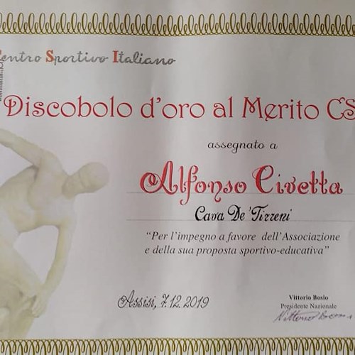 Cava de' Tirreni: ad Alfonso Civetta il premio "Discobolo d' Oro al Merito CSI"