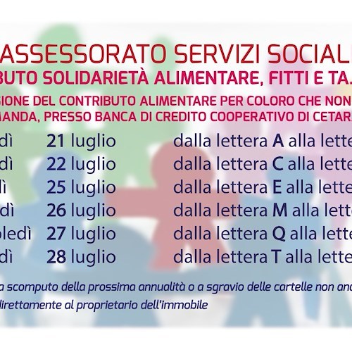 Cava de' Tirreni, contributo di solidarietà alimentare: fitti e Tari 2022 