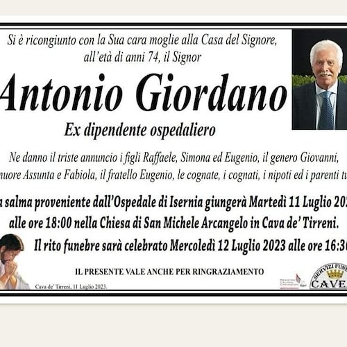 Cava de' Tirreni dice addio ad Antonio Giordano, ex dipendente ospedaliero