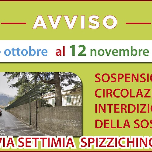 Cava de' Tirreni: fino al 12 novembre divieto circolazione e sosta su via S. Spizzichino
