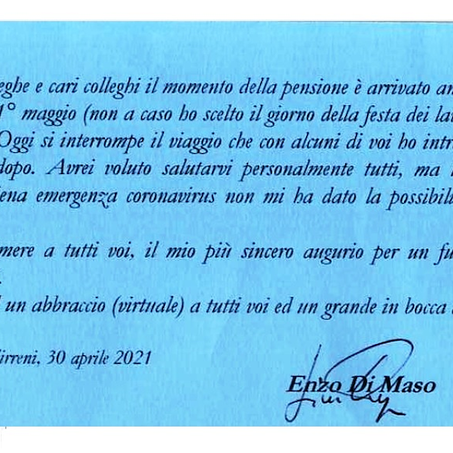 Cava de' Tirreni, il funzionario del Comune Enzo Di Maso va in pensione: il saluto ai colleghi
