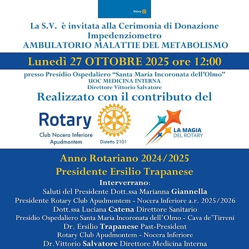 Cava de’ Tirreni: il Rotary Distretto 2101 dona un impedenziometro all’Ospedale Santa Maria Incoronata dell’Olmo