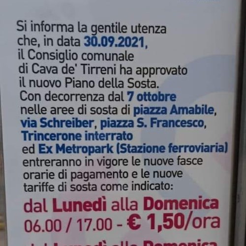 Cava de' Tirreni, nuove tariffe di sosta: il cartello della Metellia scatena le polemiche dei cittadini 