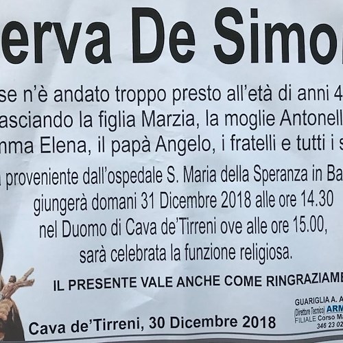 Cava de' Tirreni piange la prematura scomparsa di Nerva De Simone