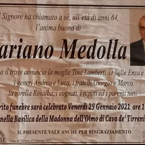 Cava de' Tirreni piange la scomparsa di Mariano Medolla: domani i funerali 