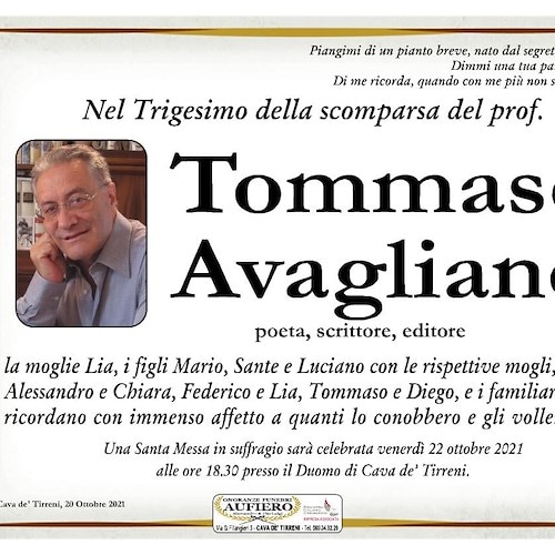 Cava de' Tirreni ricorda l'editore Tommaso Avagliano: 22 ottobre Messa di suffragio al Duomo 