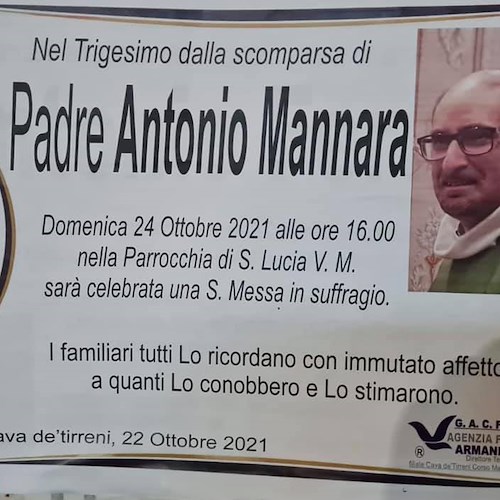 Cava de' Tirreni ricorda padre Antonio Mannara: domani 24 ottobre Messa di suffragio