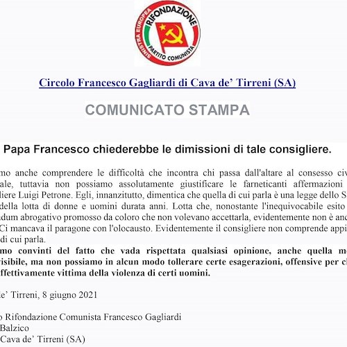 Cava de' Tirreni, Rifondazione Comunista sulle parole di Petrone: «Papa Francesco chiederebbe le sue dimissioni»