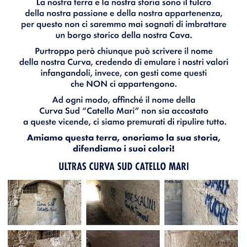 Cava de' Tirreni, scritte sui muri del borgo storico. Curva Sud "Catello Mari" interviene per rimuoverle 
