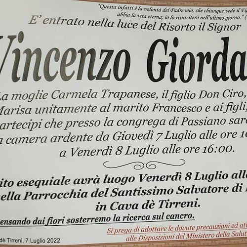 Cava de' Tirreni, si è spento Vincenzo Giordano 