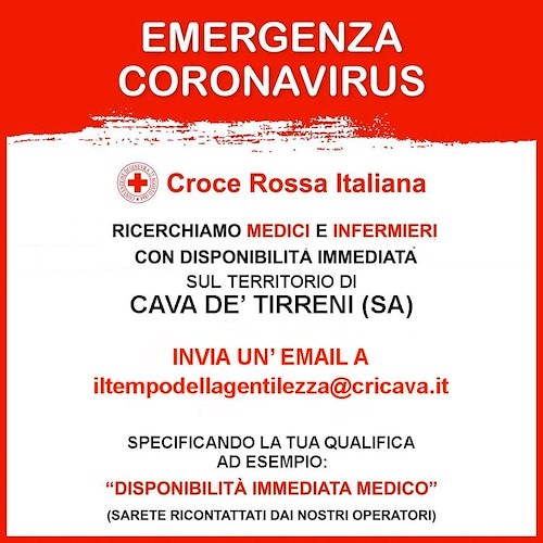 Coronavirus: la Croce Rossa di Cava cerca medici e infermieri volontari