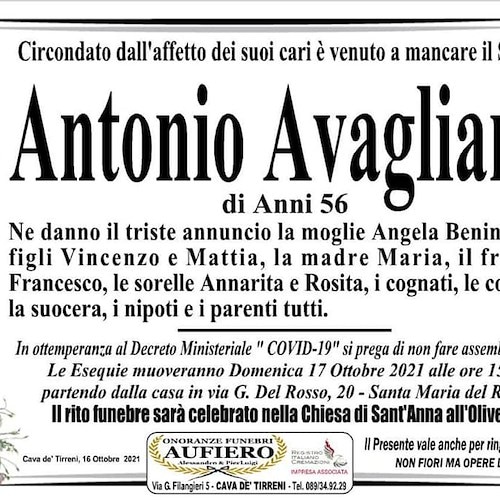 Lutto a Cava de' Tirreni, si è spento a soli 56 anni Antonio Avagliano 