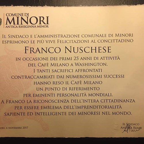 Minori orgogliosa di Franco Nuschese: il videomessaggio del Sindaco all'italiano tra i più amati d'America [FOTO-VIDEO]