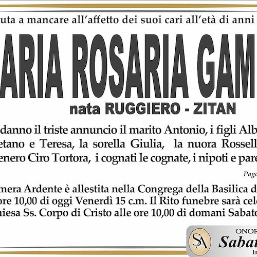 Si è spenta a 78 anni Maria Rosaria Gambino, madre dell'ex Sindaco di Pagani 