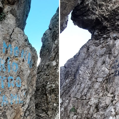 Vandali sulle montagne di Cava de' Tirreni, scritte spray sulle rocce. La rabbia degli Amici di Monte Finestra